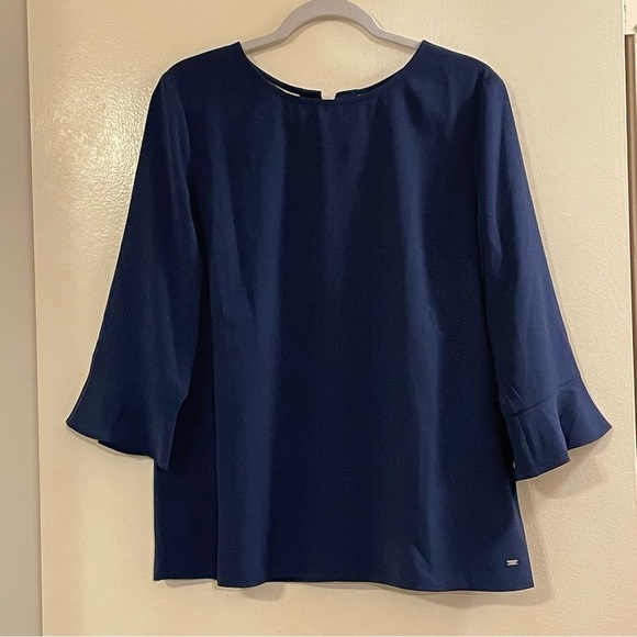 TOMMY HILFIGER Butterfly Sleeve Top Tie Back Blouse in Navy - Picture 1 of 4